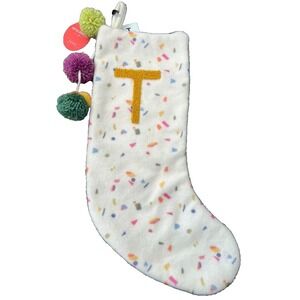 Confetti Sprinkle Christmas Stocking Letter T Modern Chic Metallic Poms Playful